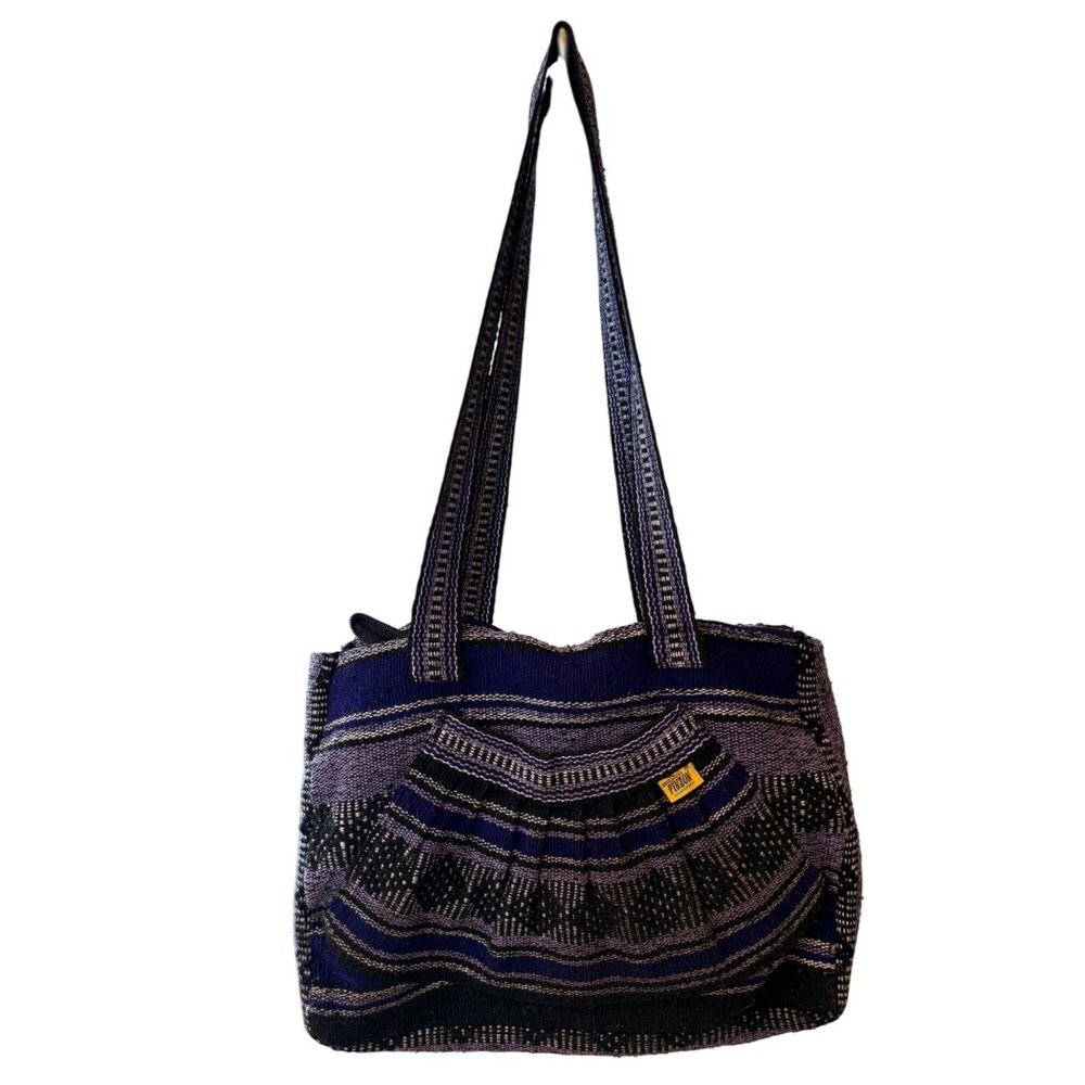 Handwoven Pinzon Purple & Black Striped Tote Bag With Zipper Closure